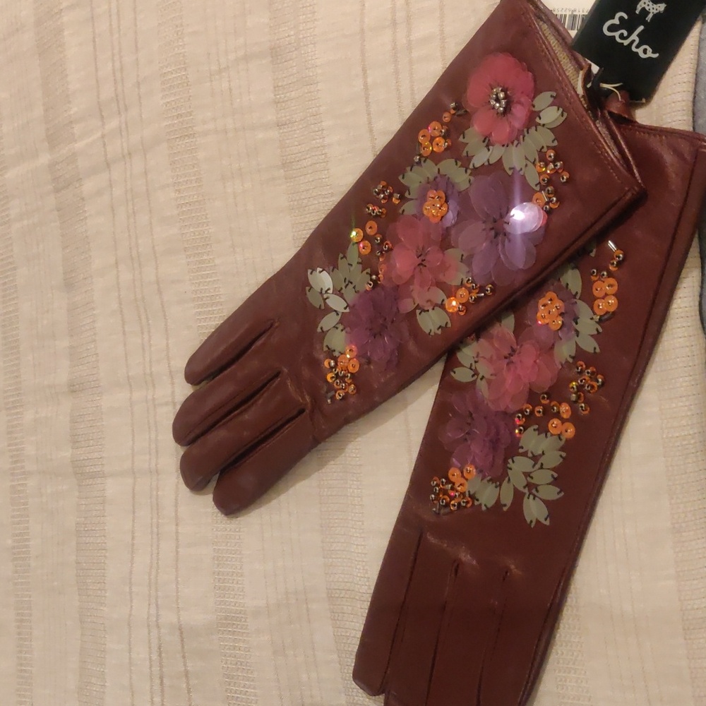 NEW Echo Genuine Burgundy/Red real Leather embroidered beads Gloves Retro Y2K - Picture 6 of 10